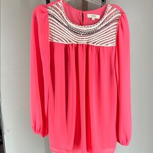 Umgee Hot Pink Long Sleeve Blouse with Cream Crochet Yoke